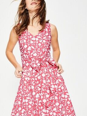 Boden Red & Pink Floral V-Neck Tie-Waist Midi Dress..Size:8R
